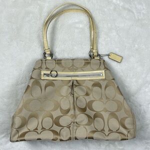 COACH Gabby Signature Large Carryall Tote Bag w/Leather Trim Tan Beige Yellow